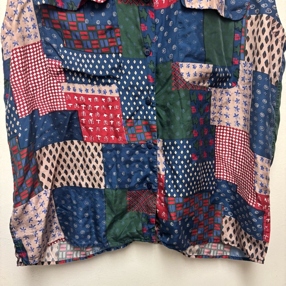 Vintage Backroad Blues Patchwork Silk Blouse - Picture 6 of 8